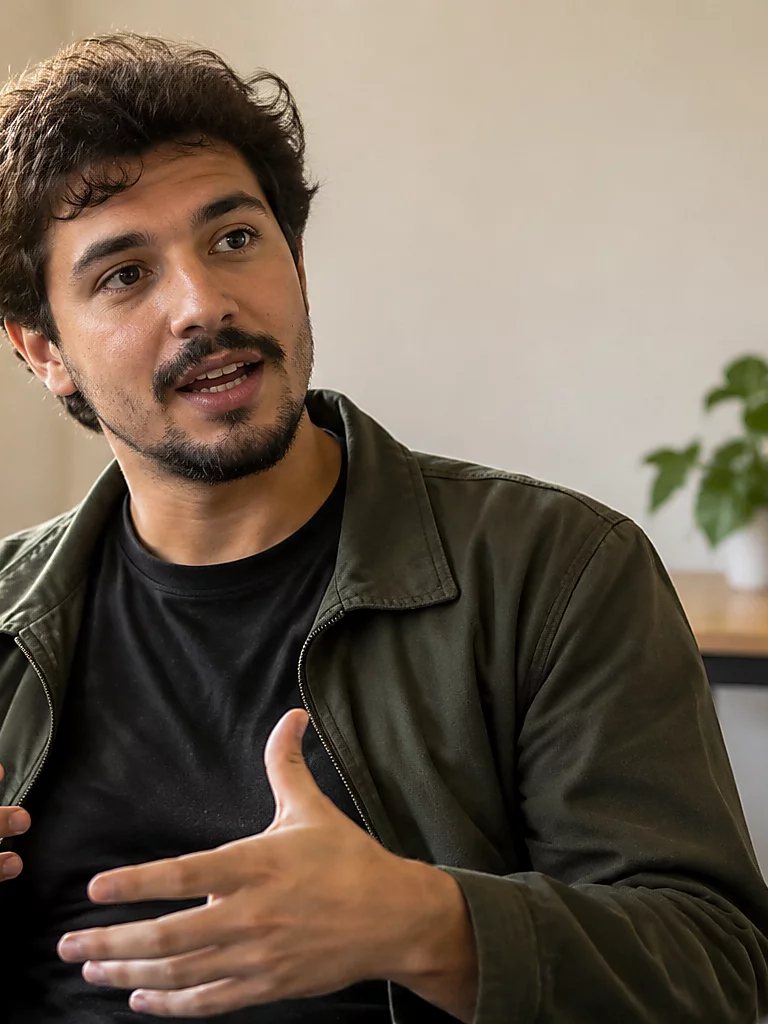 Participante com o braço levantado pedindo a vez numa mesa coberta de rascunhos